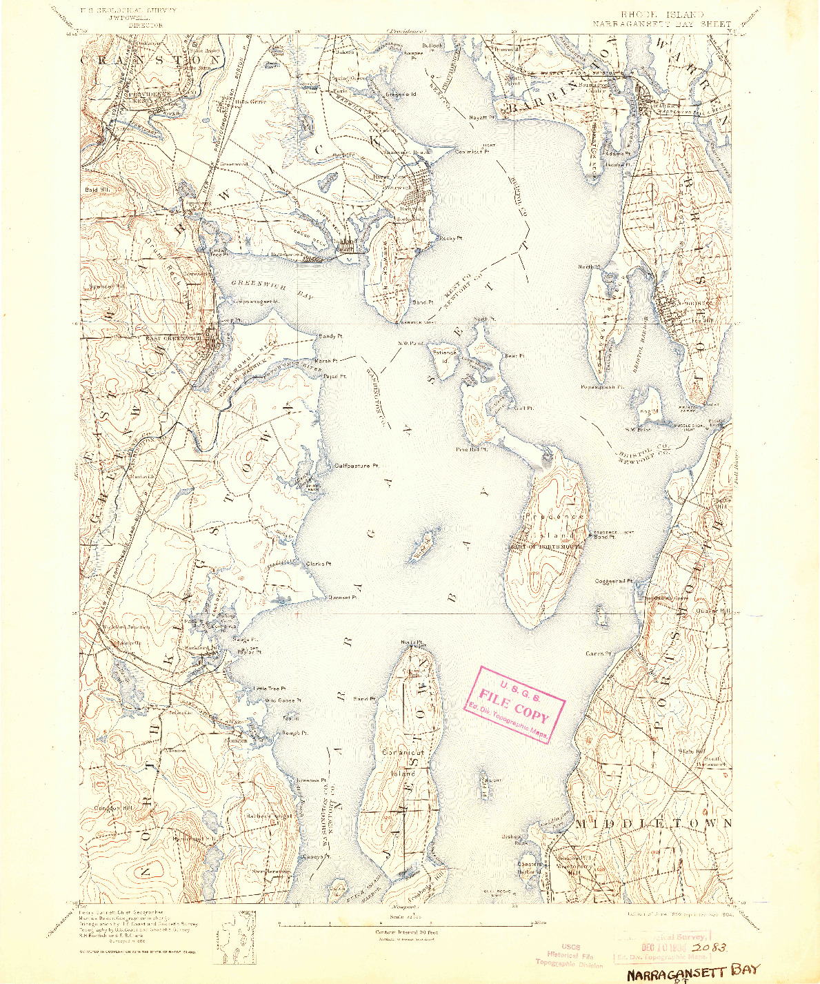 USGS 1:62500-SCALE QUADRANGLE FOR NARRAGANSETT BAY, RI 1892