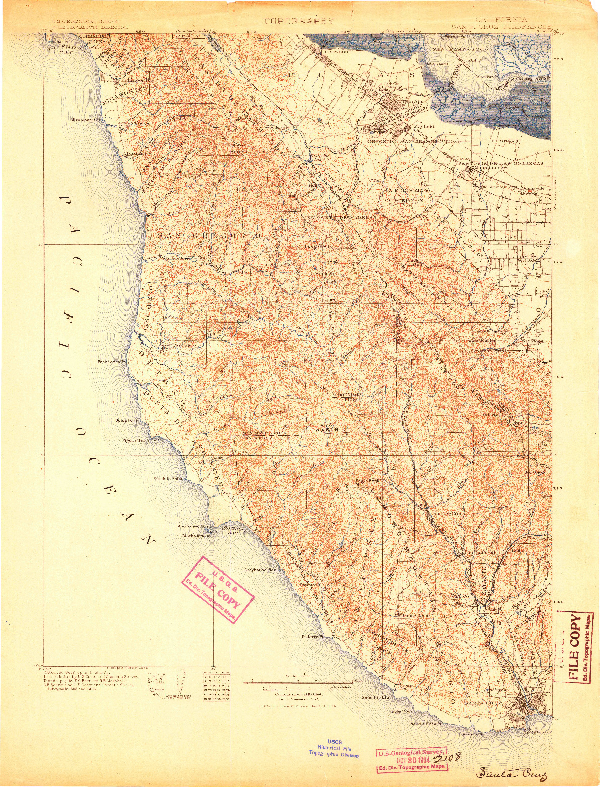 USGS 1:125000-SCALE QUADRANGLE FOR SANTA CRUZ, CA 1902