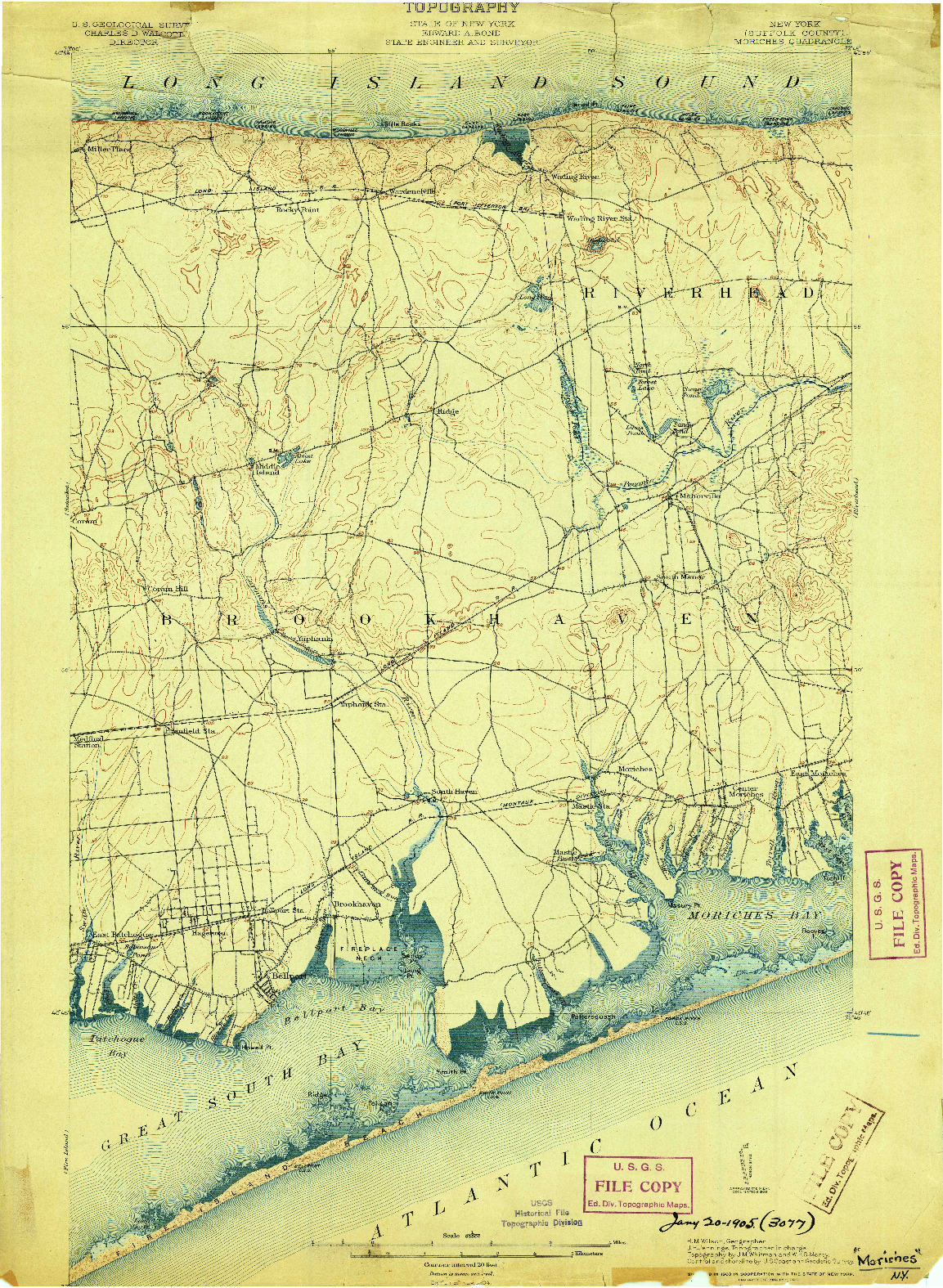 USGS 1:62500-SCALE QUADRANGLE FOR MORICHES, NY 1904