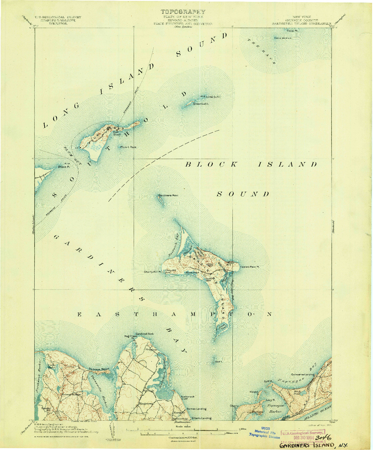 USGS 1:62500-SCALE QUADRANGLE FOR GARDINERS ISLAND, NY 1904