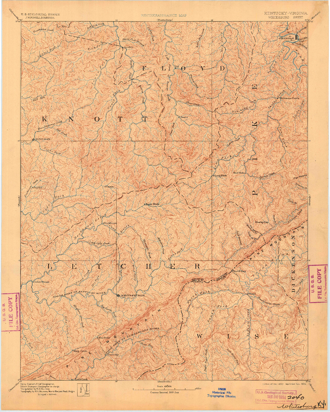 USGS 1:125000-SCALE QUADRANGLE FOR WHITESBURG, KY 1892