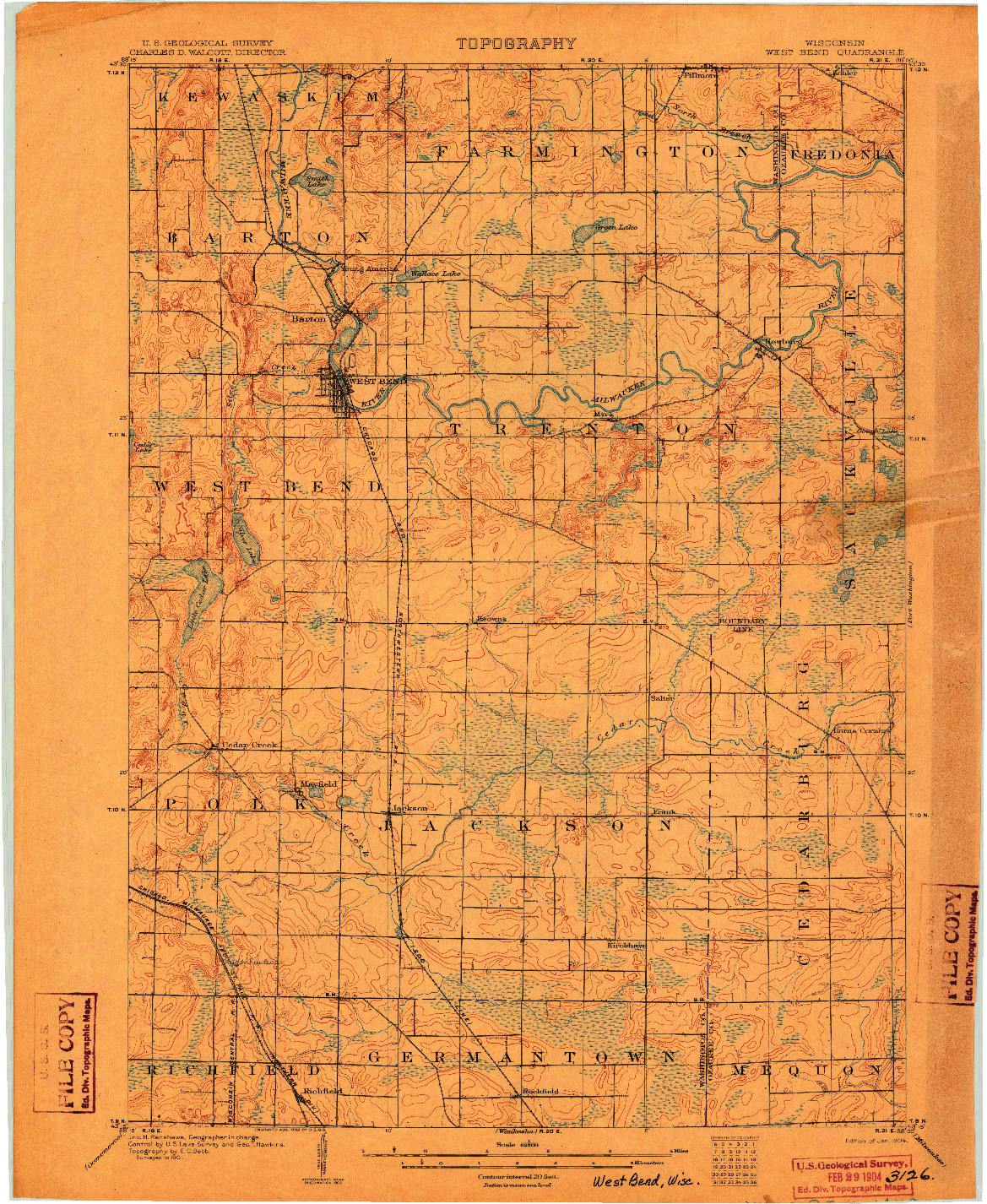 USGS 1:62500-SCALE QUADRANGLE FOR WEST BEND, WI 1904