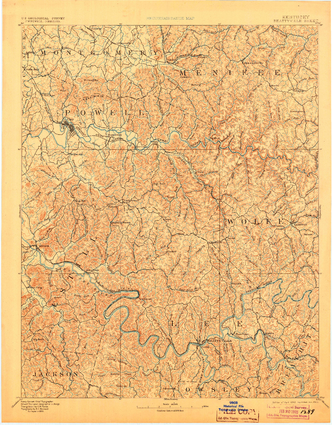 USGS 1:125000-SCALE QUADRANGLE FOR BEATTYVILLE, KY 1892