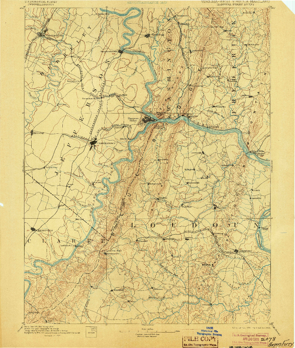 USGS 1:125000-SCALE QUADRANGLE FOR HARPERS FERRY, VA 1893