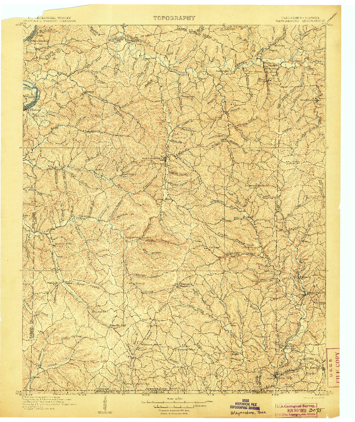 USGS 1:125000-SCALE QUADRANGLE FOR WAYNESBORO, TN 1905