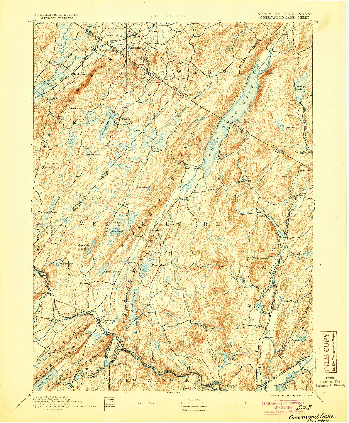 USGS 1:62500-SCALE QUADRANGLE FOR GREENWOOD LAKE, NY 1893