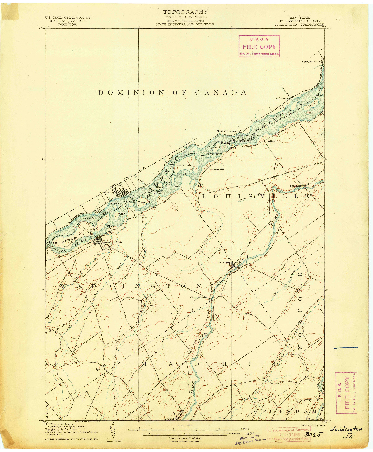 USGS 1:62500-SCALE QUADRANGLE FOR WADDINGTON, NY 1905