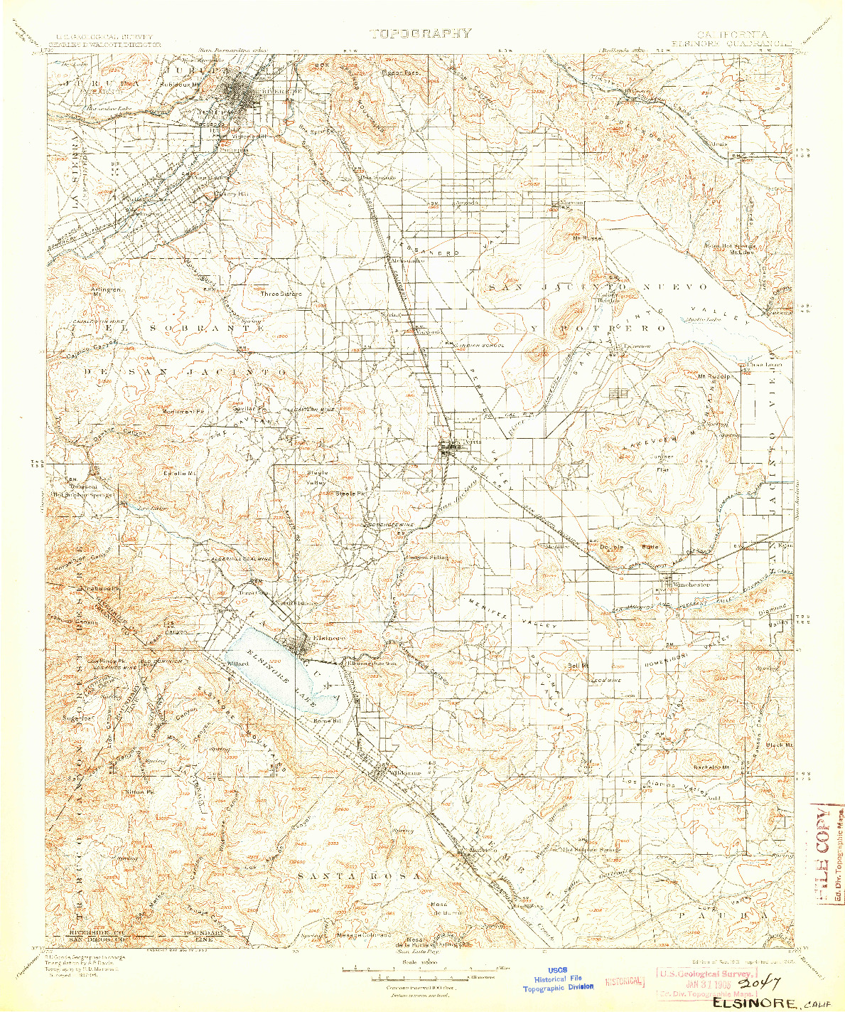 USGS 1:125000-SCALE QUADRANGLE FOR ELSINORE, CA 1901