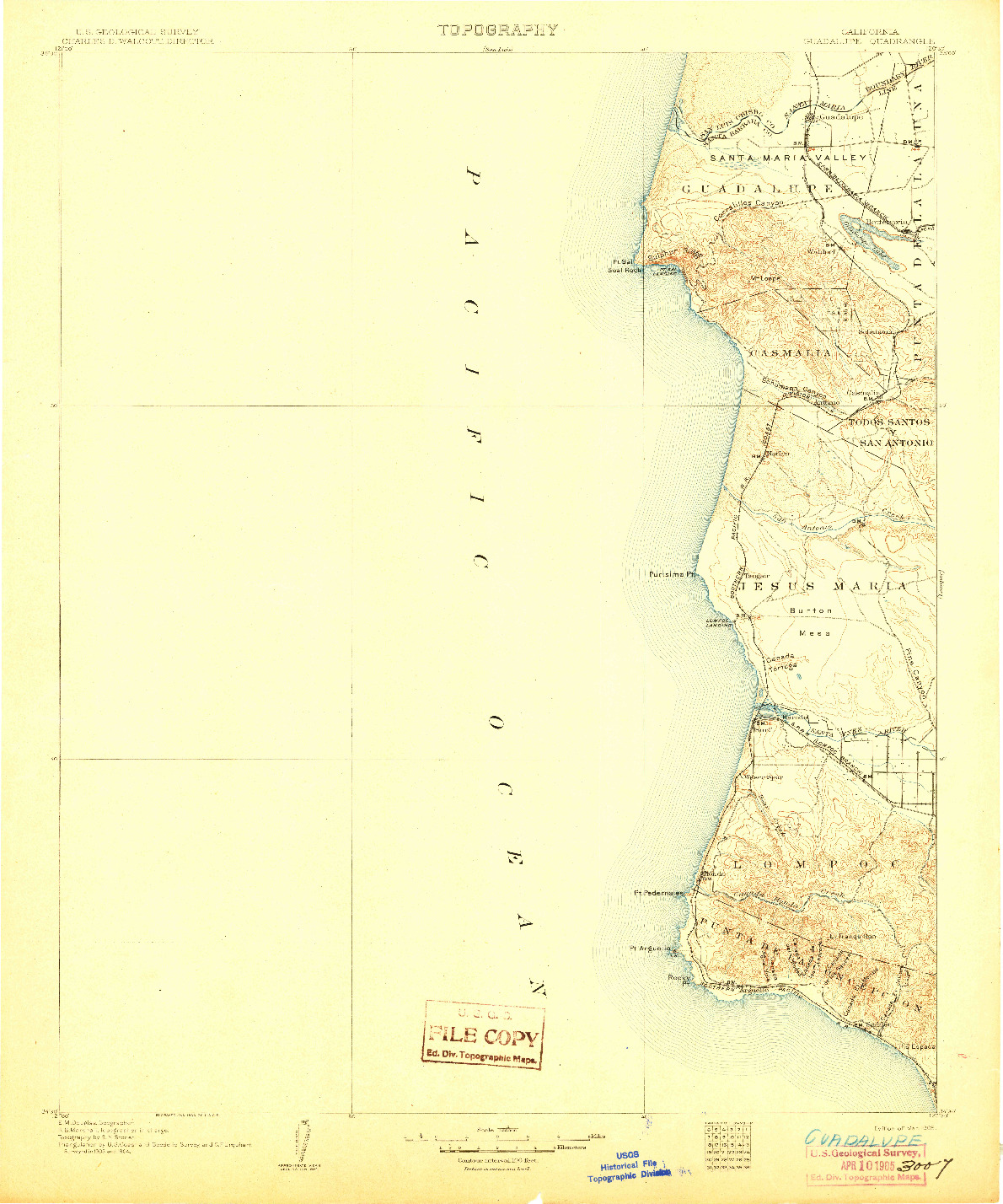 USGS 1:125000-SCALE QUADRANGLE FOR GUADALUPE, CA 1905