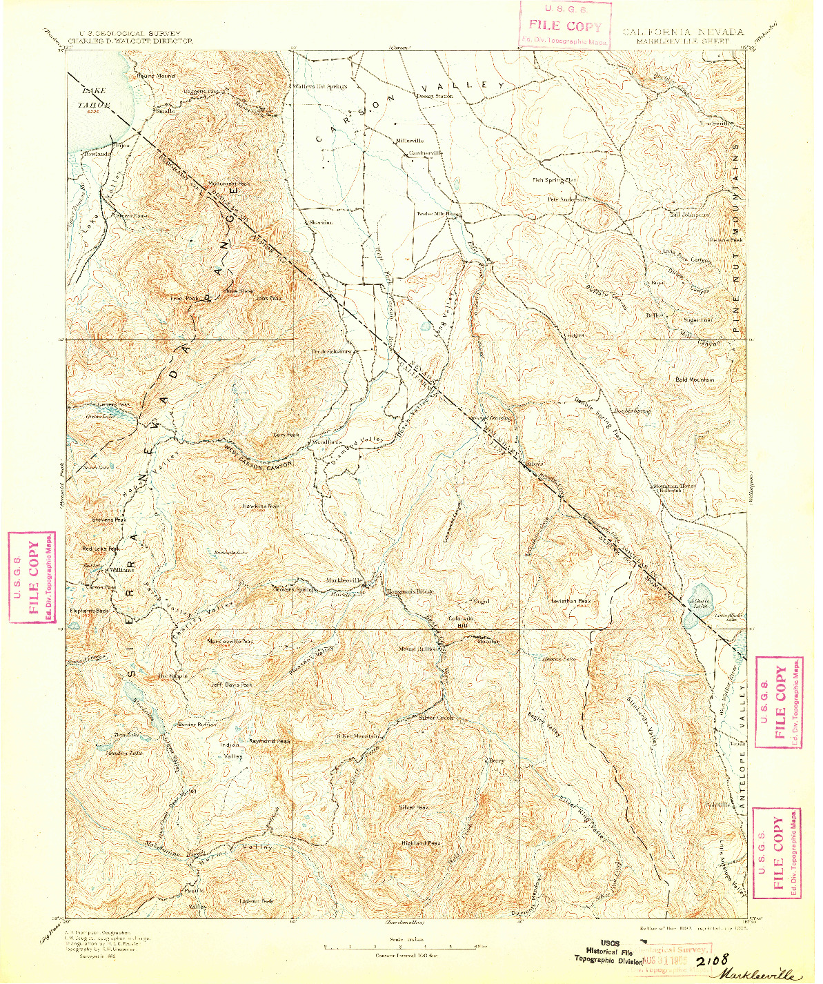 USGS 1:125000-SCALE QUADRANGLE FOR MARKLEEVILLE, CA 1893