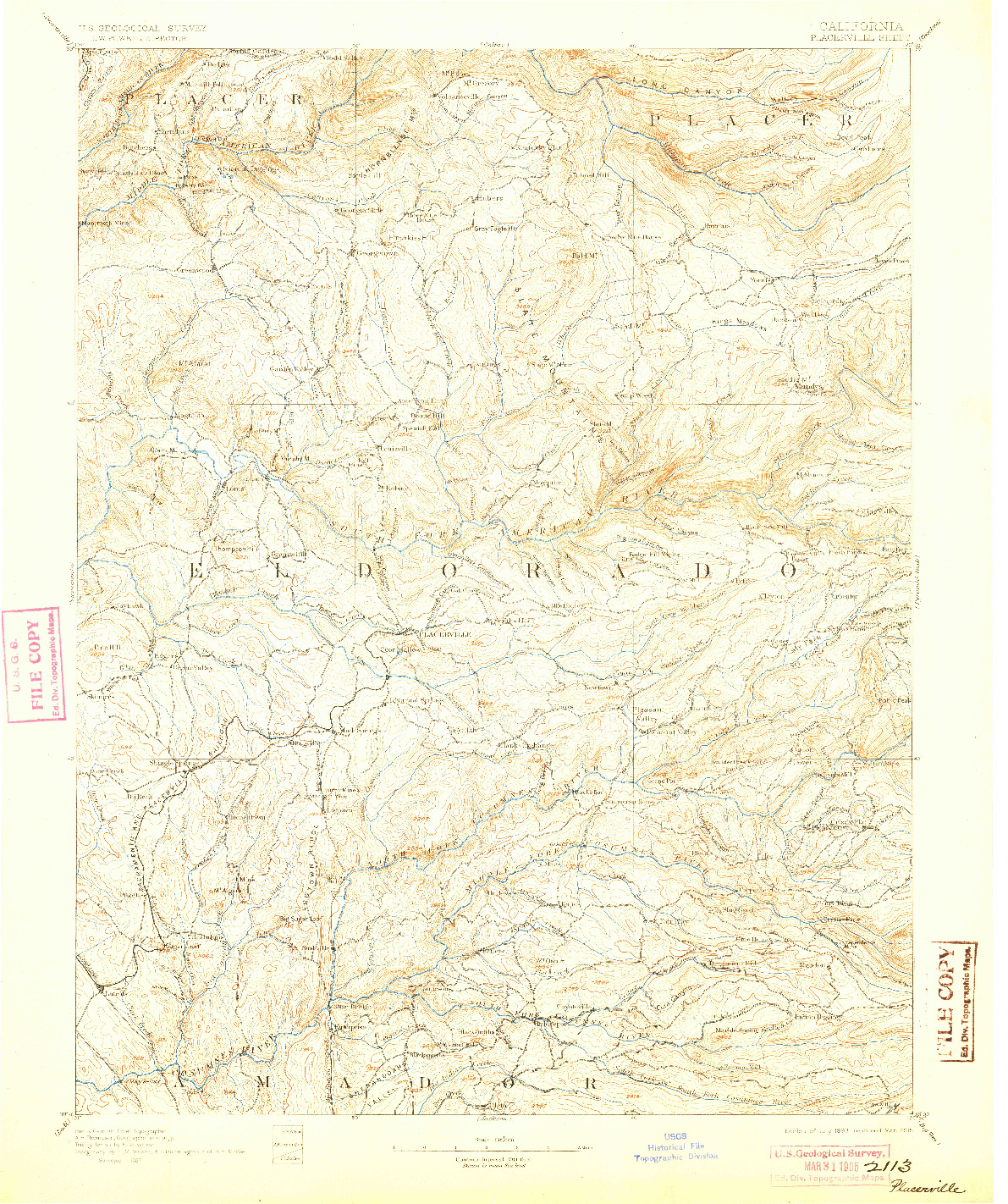 USGS 1:125000-SCALE QUADRANGLE FOR PLACERVILLE, CA 1893