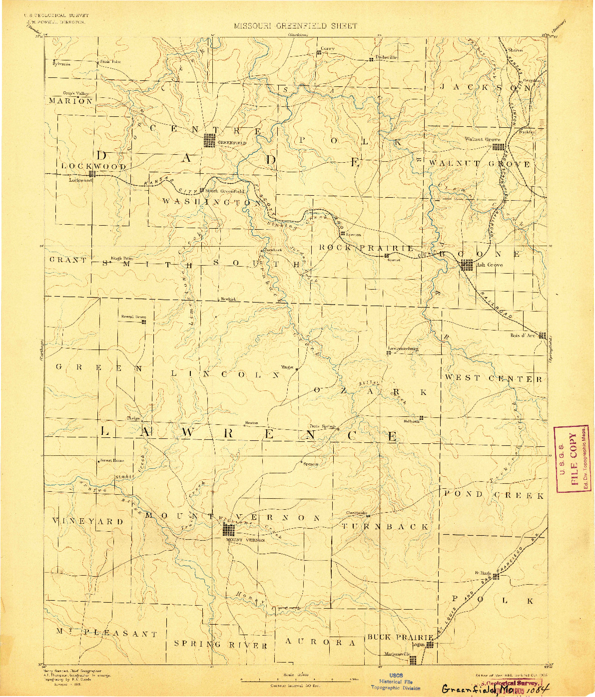 USGS 1:125000-SCALE QUADRANGLE FOR GREENFIELD, MO 1886