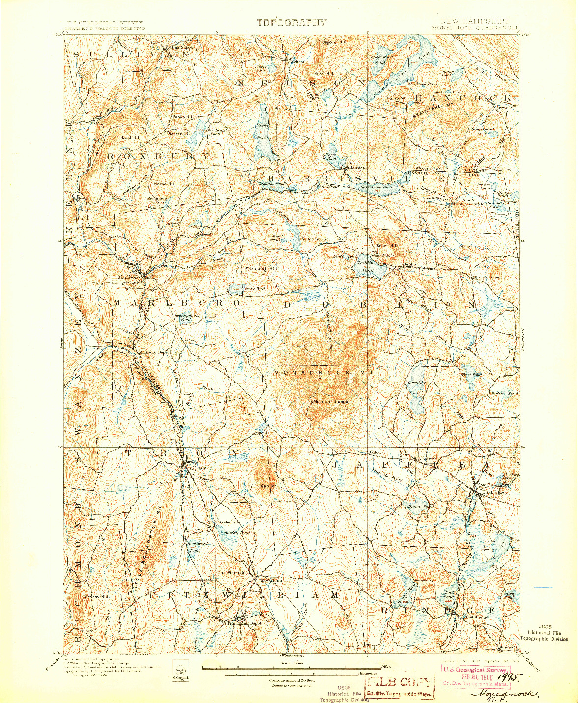 USGS 1:62500-SCALE QUADRANGLE FOR MONADNOCK, NH 1898