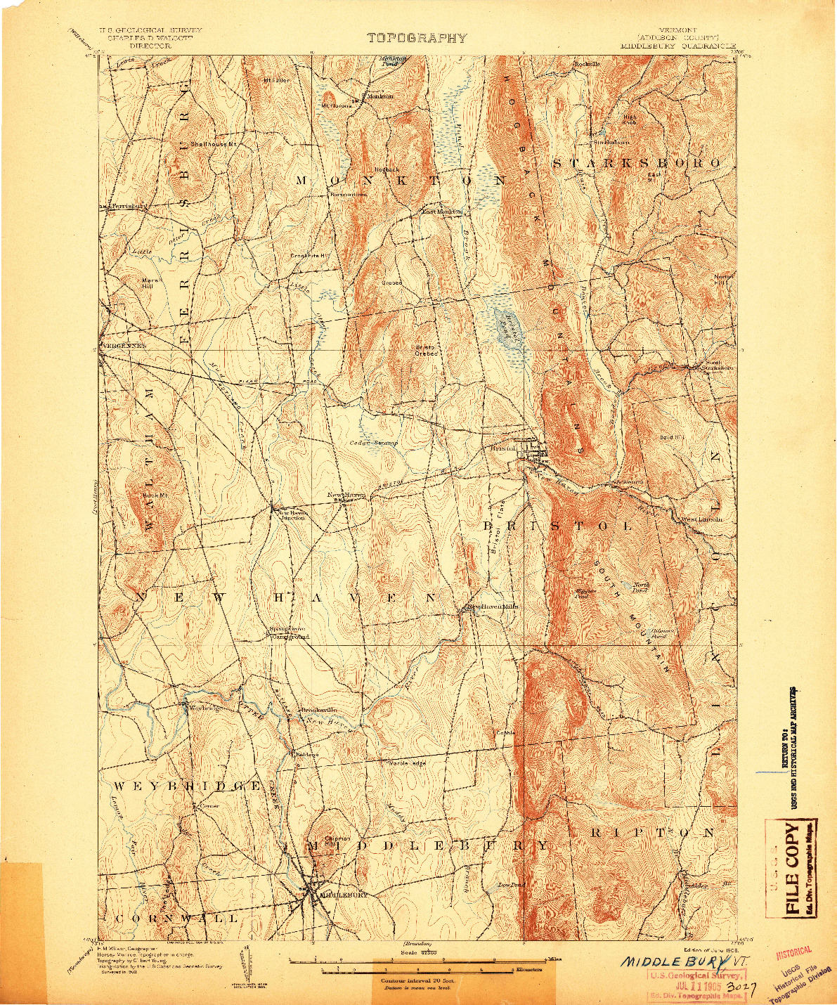 USGS 1:62500-SCALE QUADRANGLE FOR MIDDLEBURY, VT 1905