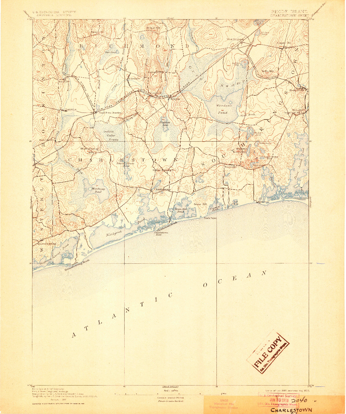 USGS 1:62500-SCALE QUADRANGLE FOR CHARLESTOWN, RI 1889