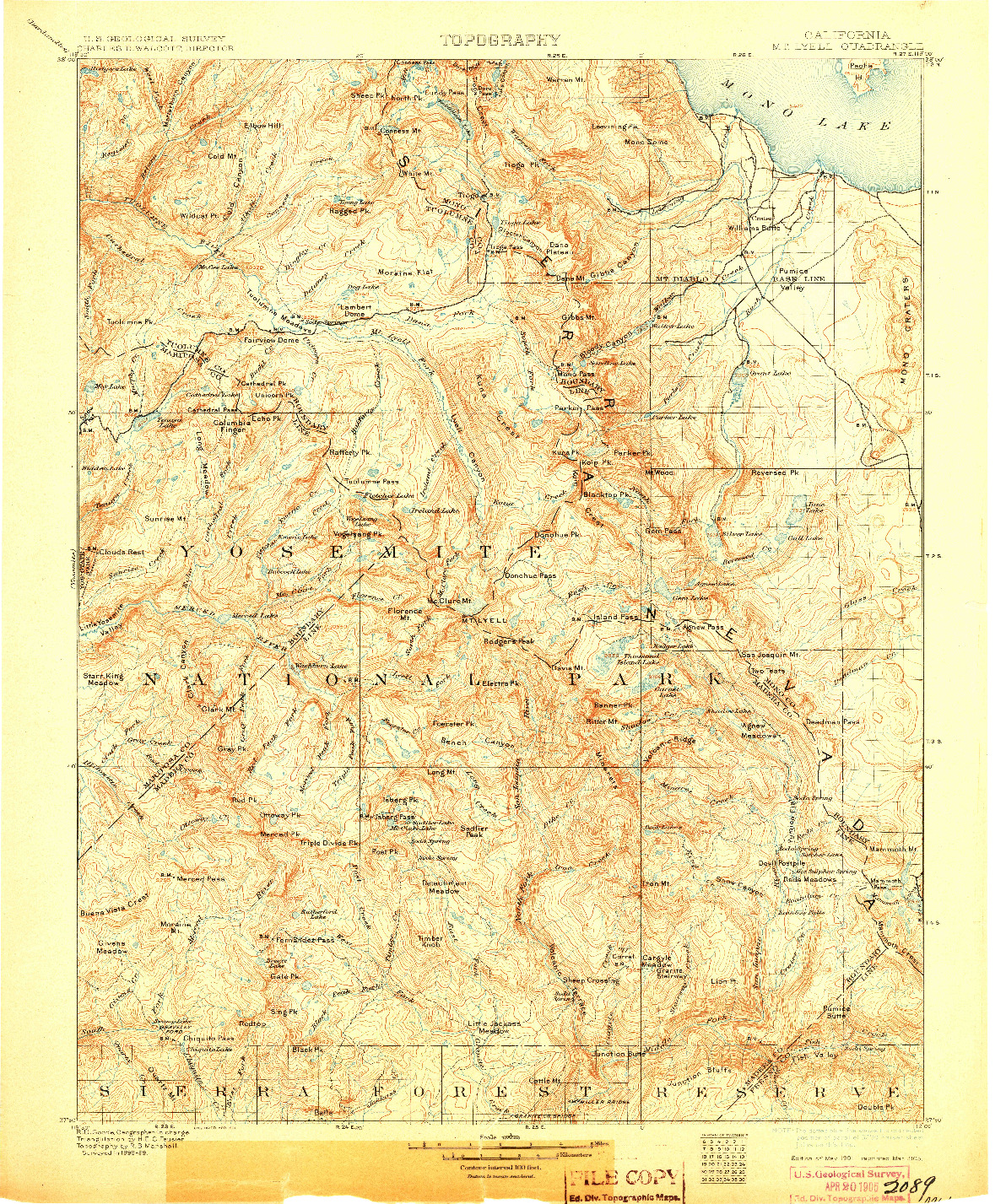 USGS 1:125000-SCALE QUADRANGLE FOR MT. LYELL, CA 1901