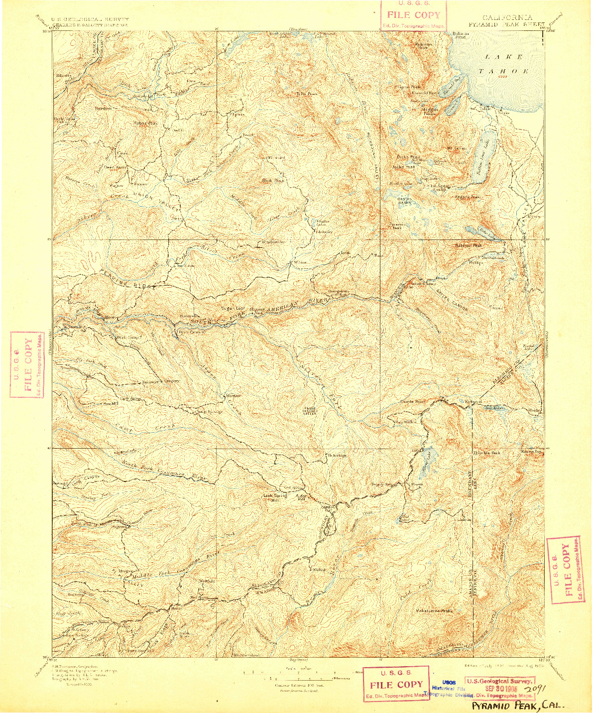 USGS 1:125000-SCALE QUADRANGLE FOR PYRAMID PEAK, CA 1896