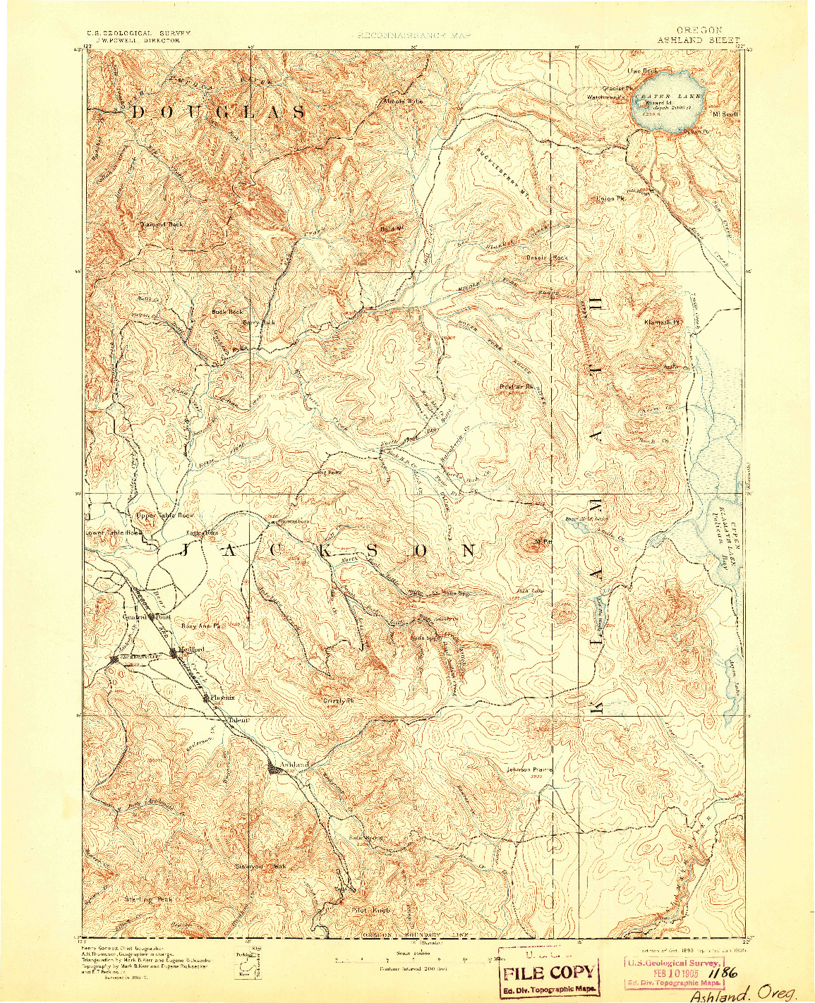 USGS 1:250000-SCALE QUADRANGLE FOR ASHLAND, OR 1893