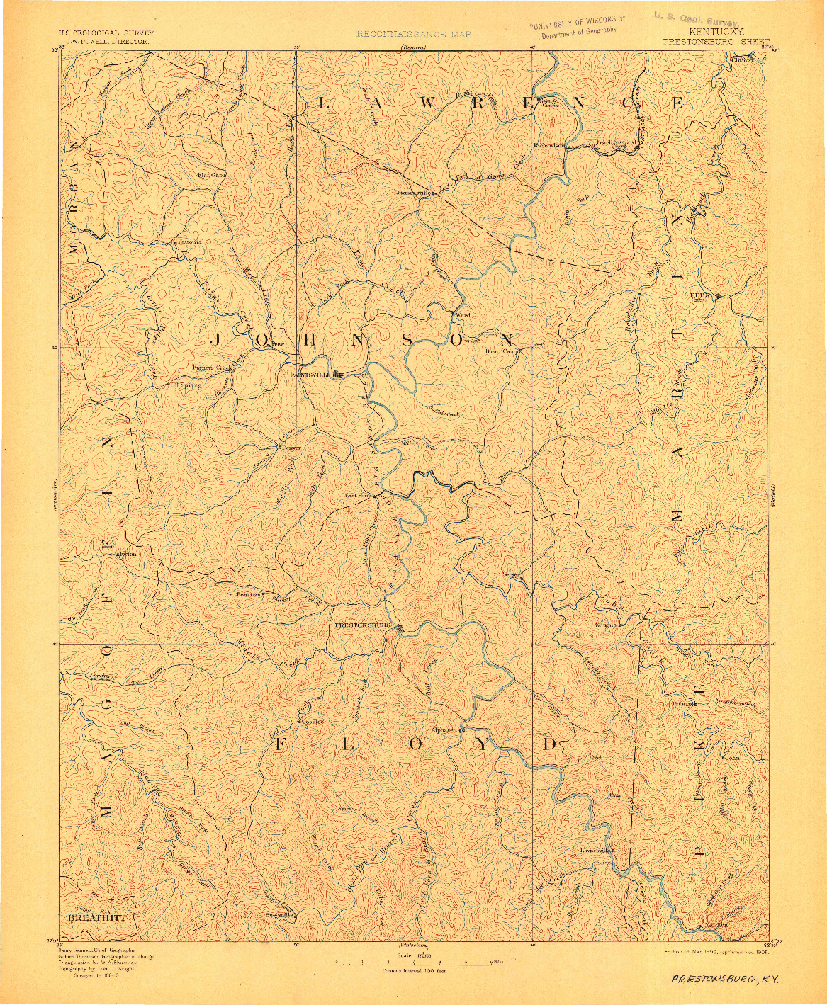 USGS 1:125000-SCALE QUADRANGLE FOR PRESTONSBURG, KY 1892