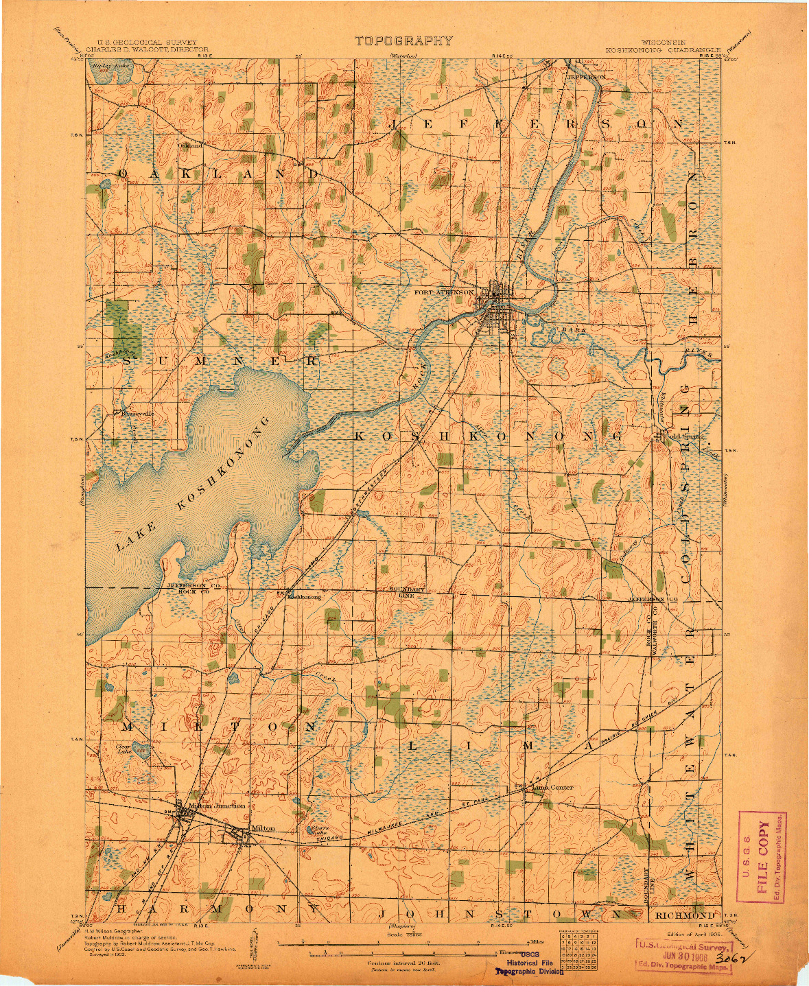 USGS 1:62500-SCALE QUADRANGLE FOR KOSHKONONG, WI 1906