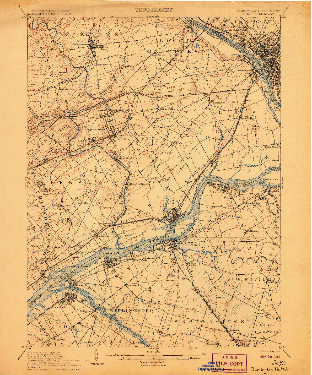 USGS 1:62500-SCALE QUADRANGLE FOR BURLINGTON, PA 1906