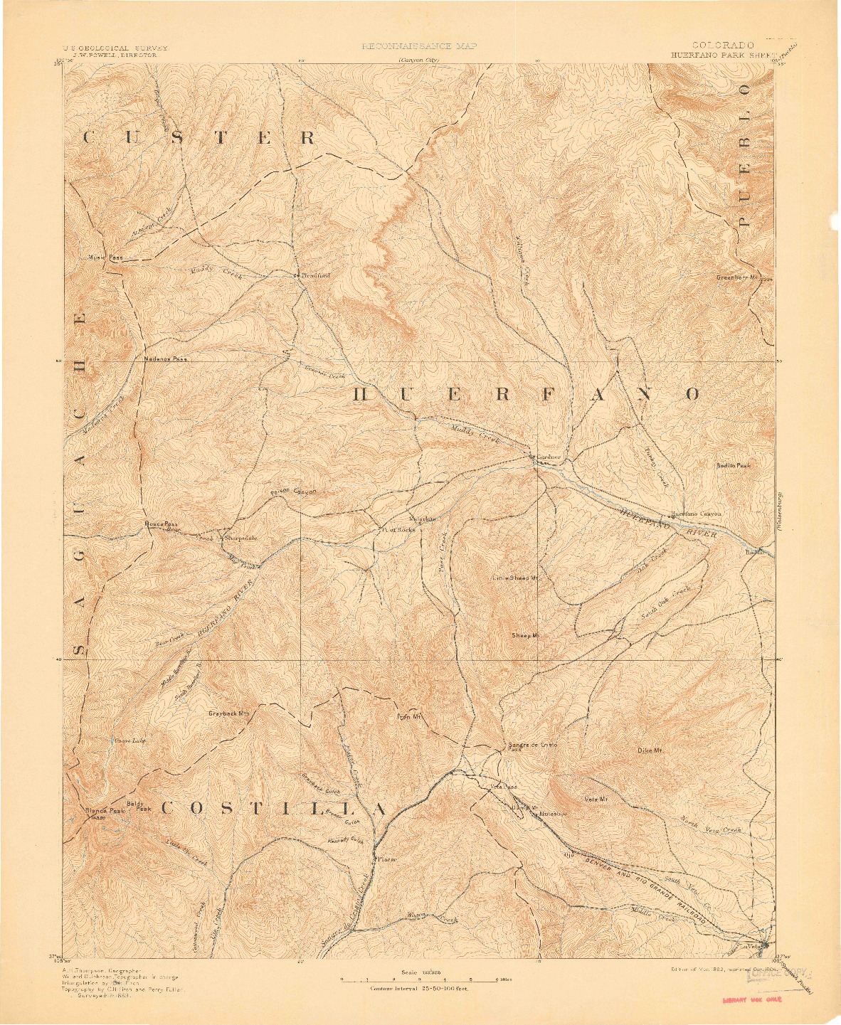 USGS 1:125000-SCALE QUADRANGLE FOR HUERFANO PARK, CO 1892
