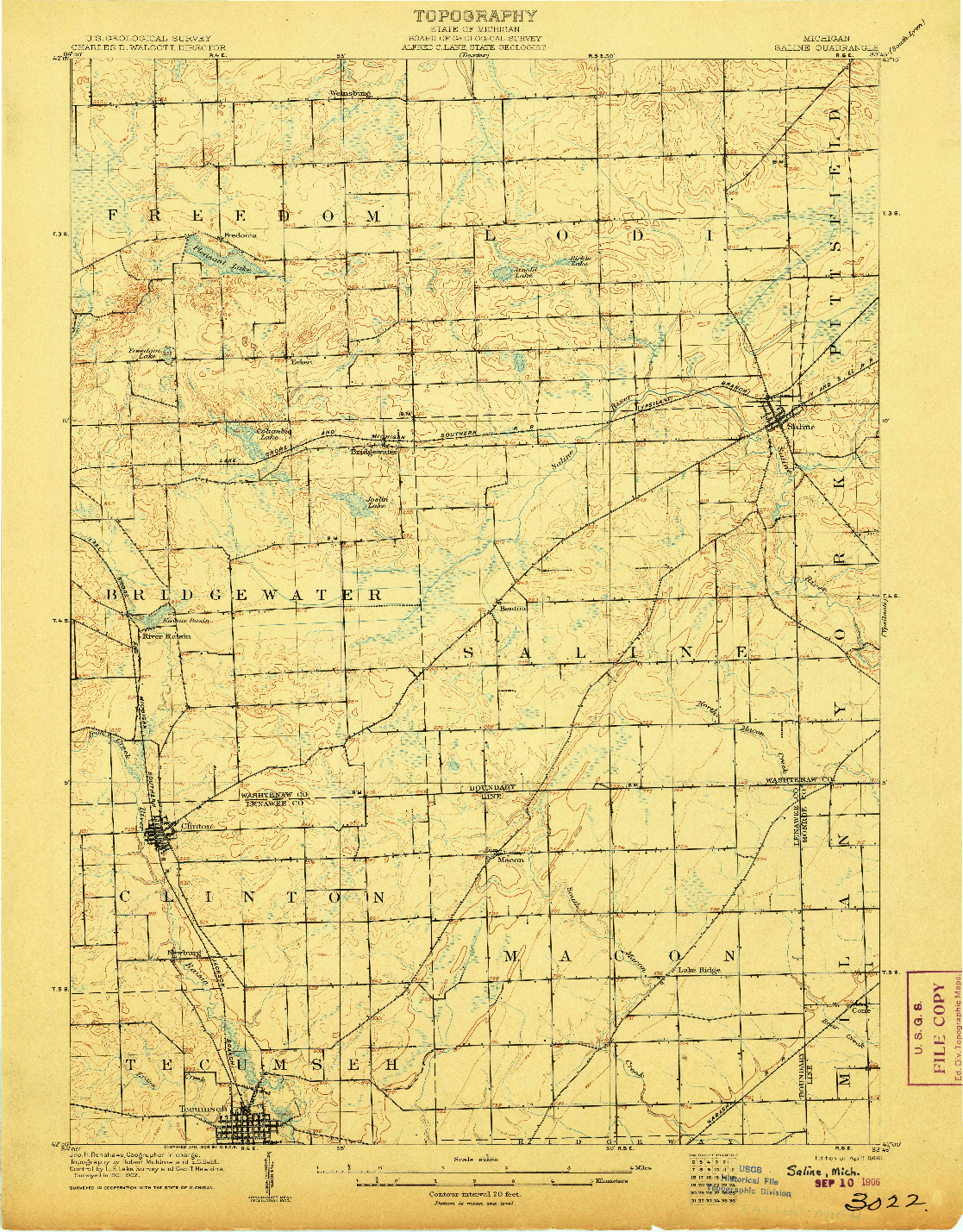 USGS 1:62500-SCALE QUADRANGLE FOR SALINE, MI 1906