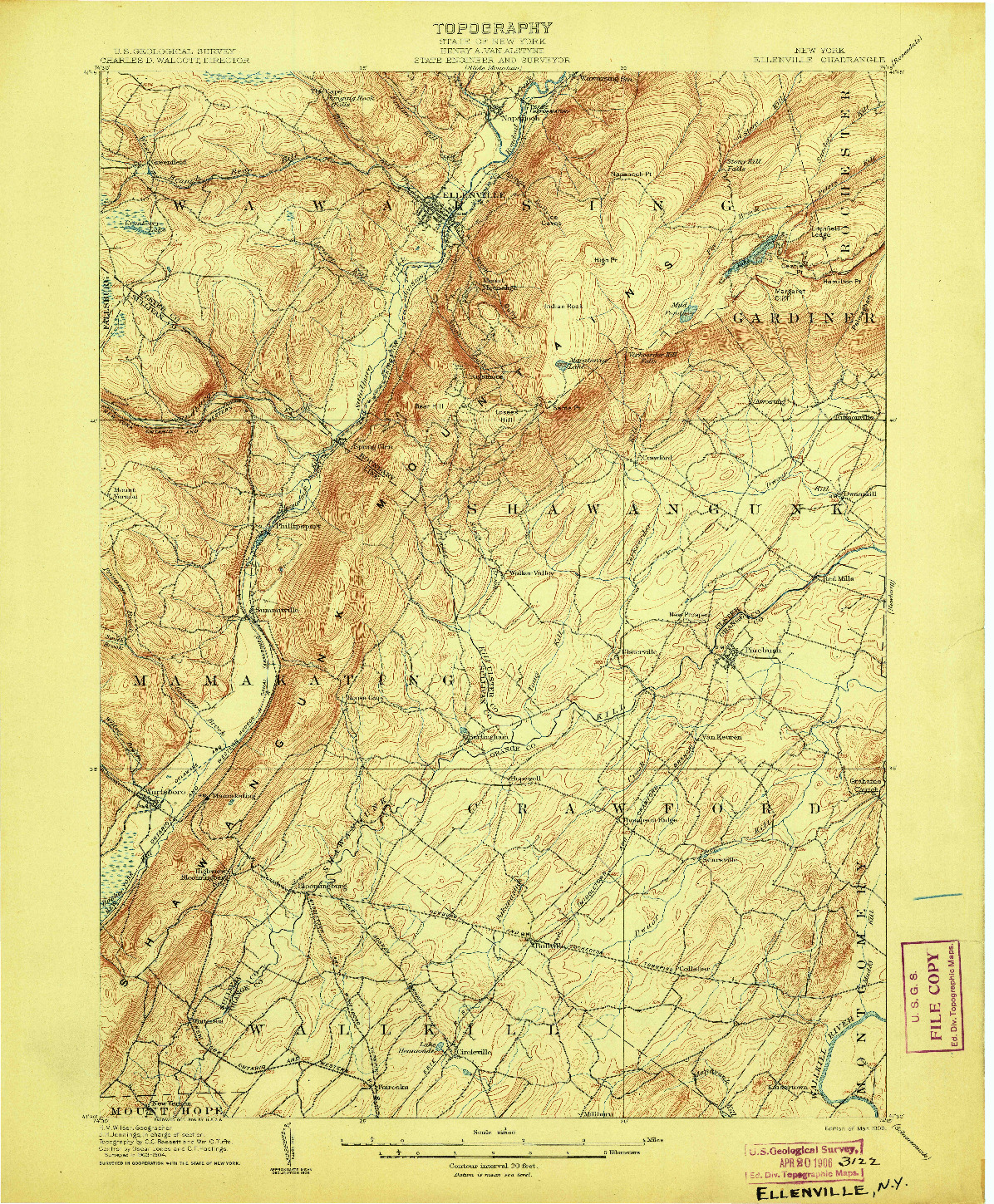 USGS 1:62500-SCALE QUADRANGLE FOR ELLENVILLE, NY 1906