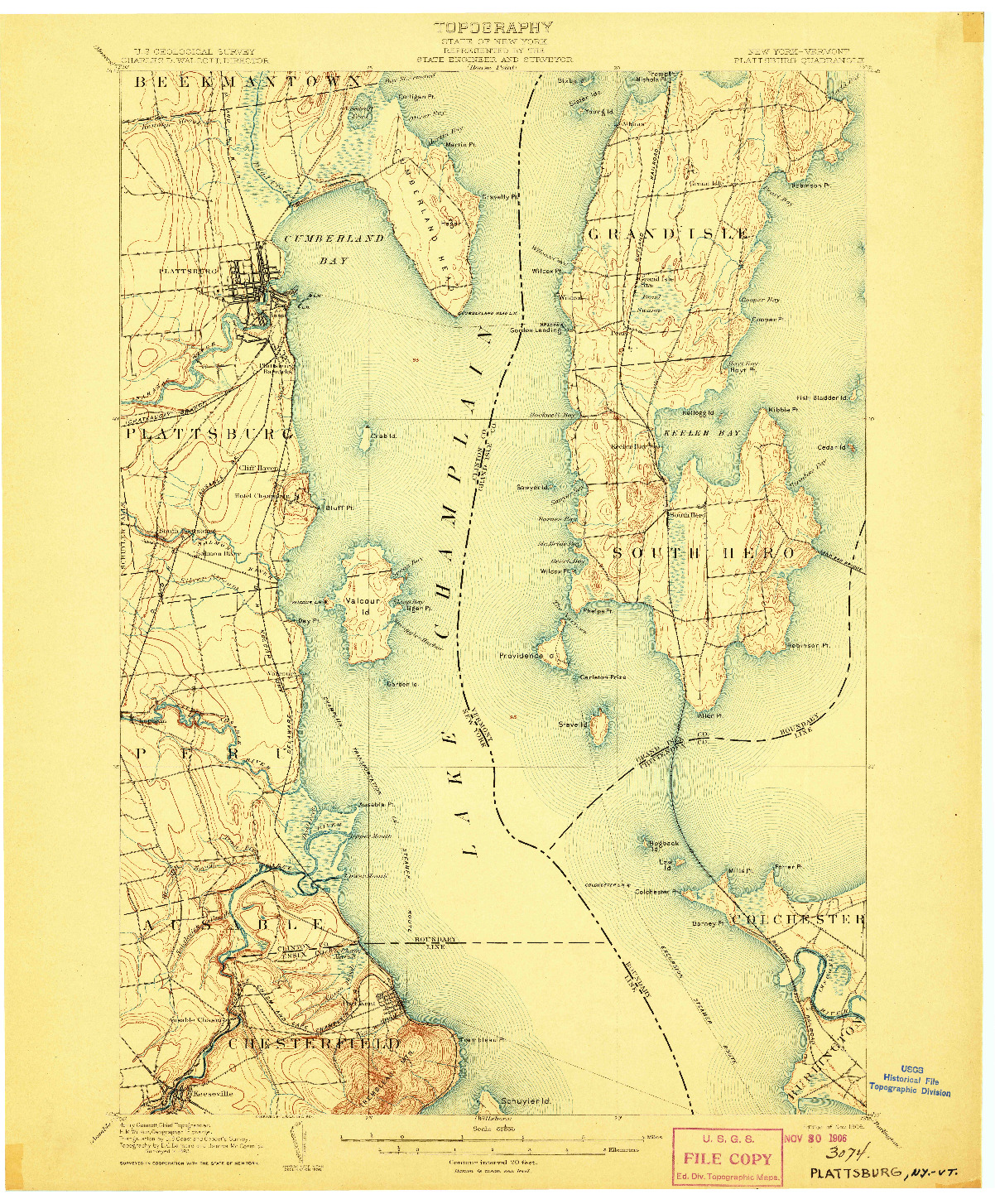 USGS 1:62500-SCALE QUADRANGLE FOR PLATTSBURG, NY 1906