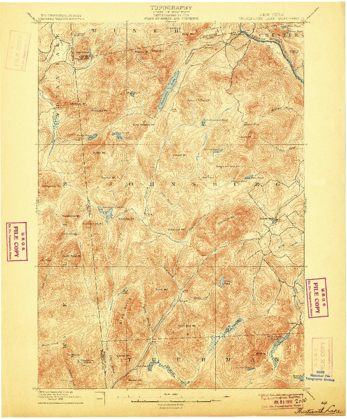 USGS 1:62500-SCALE QUADRANGLE FOR THIRTEENTH LAKE, NY 1898