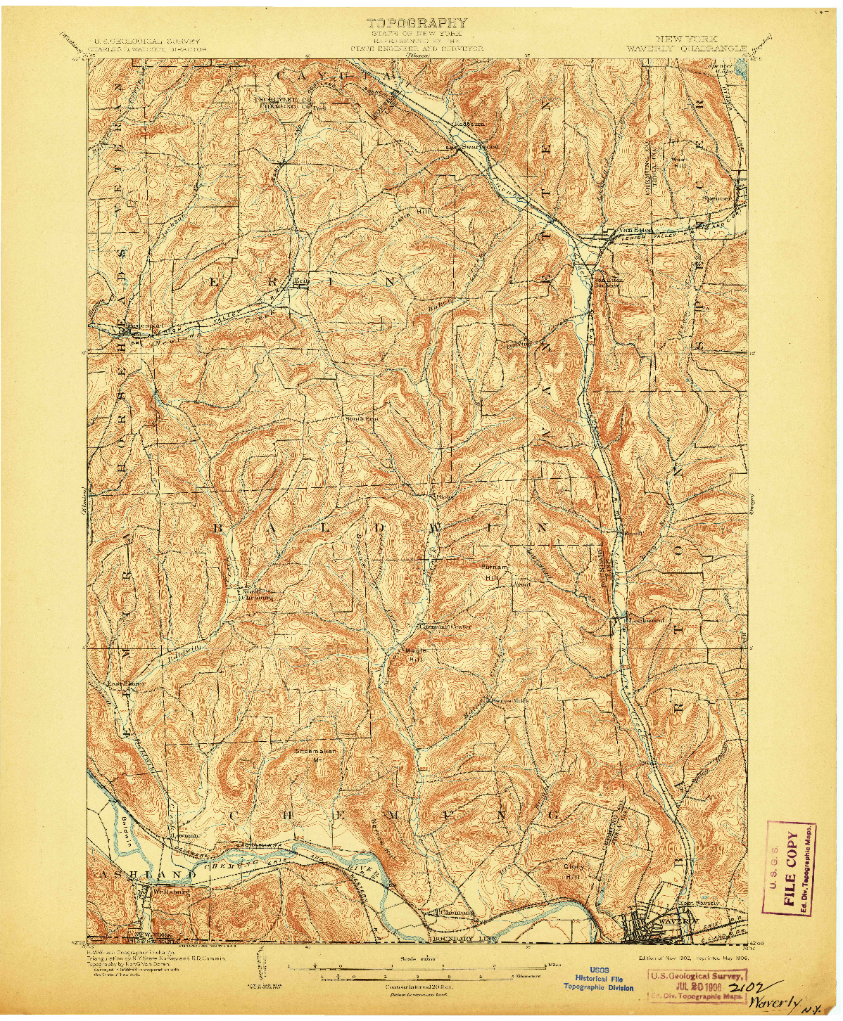 USGS 1:62500-SCALE QUADRANGLE FOR WAVERLY, NY 1902