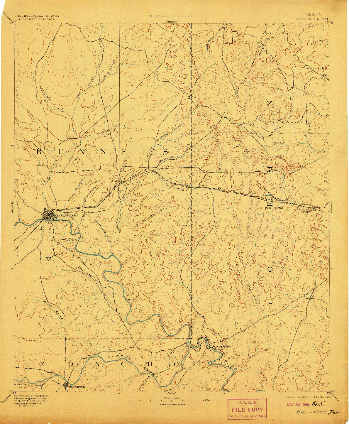 USGS 1:125000-SCALE QUADRANGLE FOR BALLINGER, TX 1892