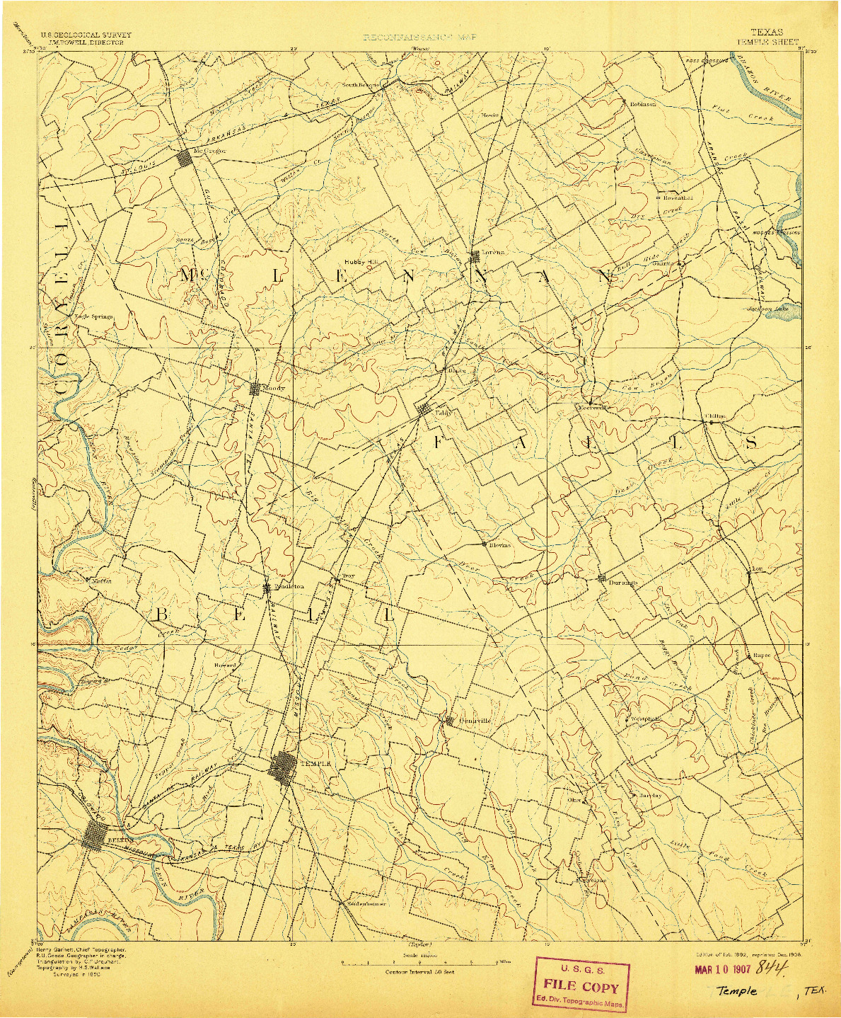 USGS 1:125000-SCALE QUADRANGLE FOR TEMPLE, TX 1892