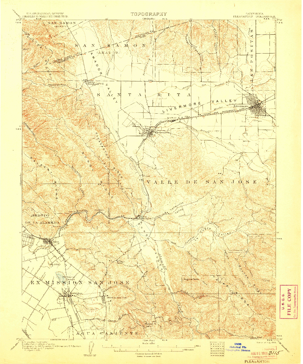 USGS 1:62500-SCALE QUADRANGLE FOR PLEASANTON, CA 1906