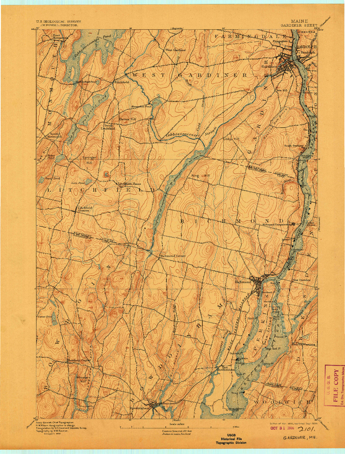 USGS 1:62500-SCALE QUADRANGLE FOR GARDINER, ME 1892