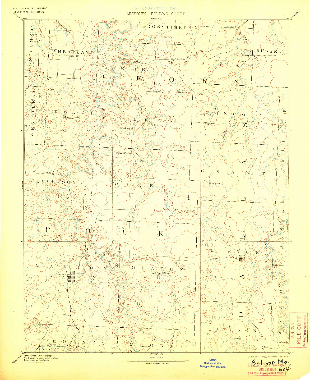 USGS 1:125000-SCALE QUADRANGLE FOR BOLIVAR, MO 1892