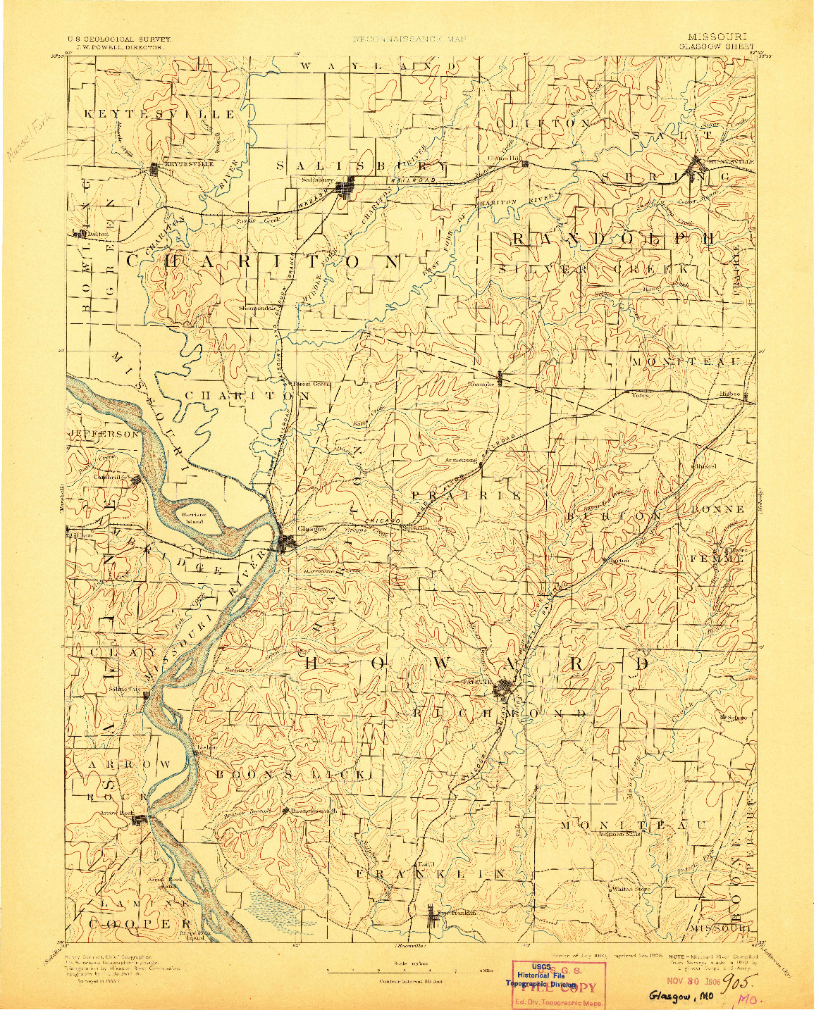 USGS 1:125000-SCALE QUADRANGLE FOR GLASGOW, MO 1890