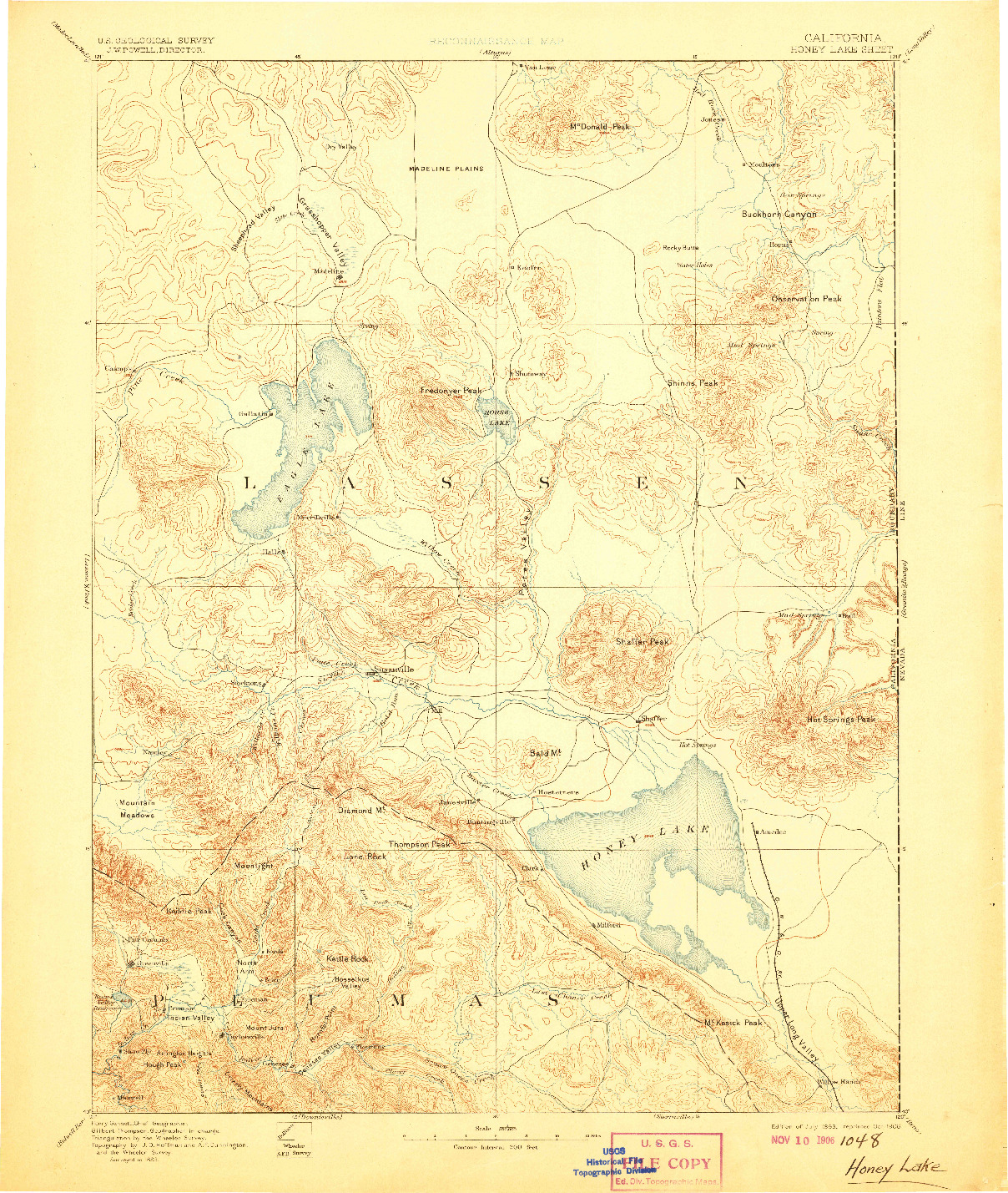 USGS 1:250000-SCALE QUADRANGLE FOR HONEY LAKE, CA 1893