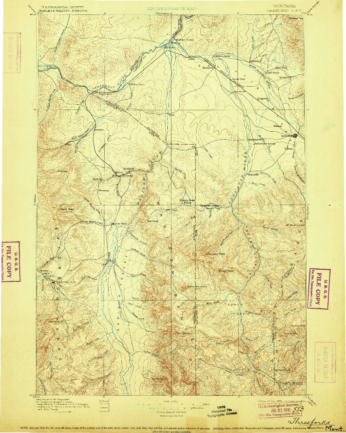 USGS 1:250000-SCALE QUADRANGLE FOR THREE FORKS, MT 1895