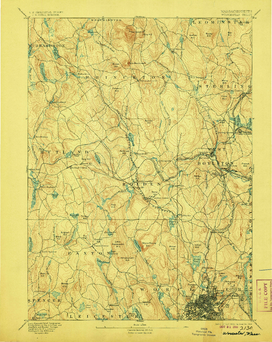 USGS 1:62500-SCALE QUADRANGLE FOR WORCESTER, MA 1892