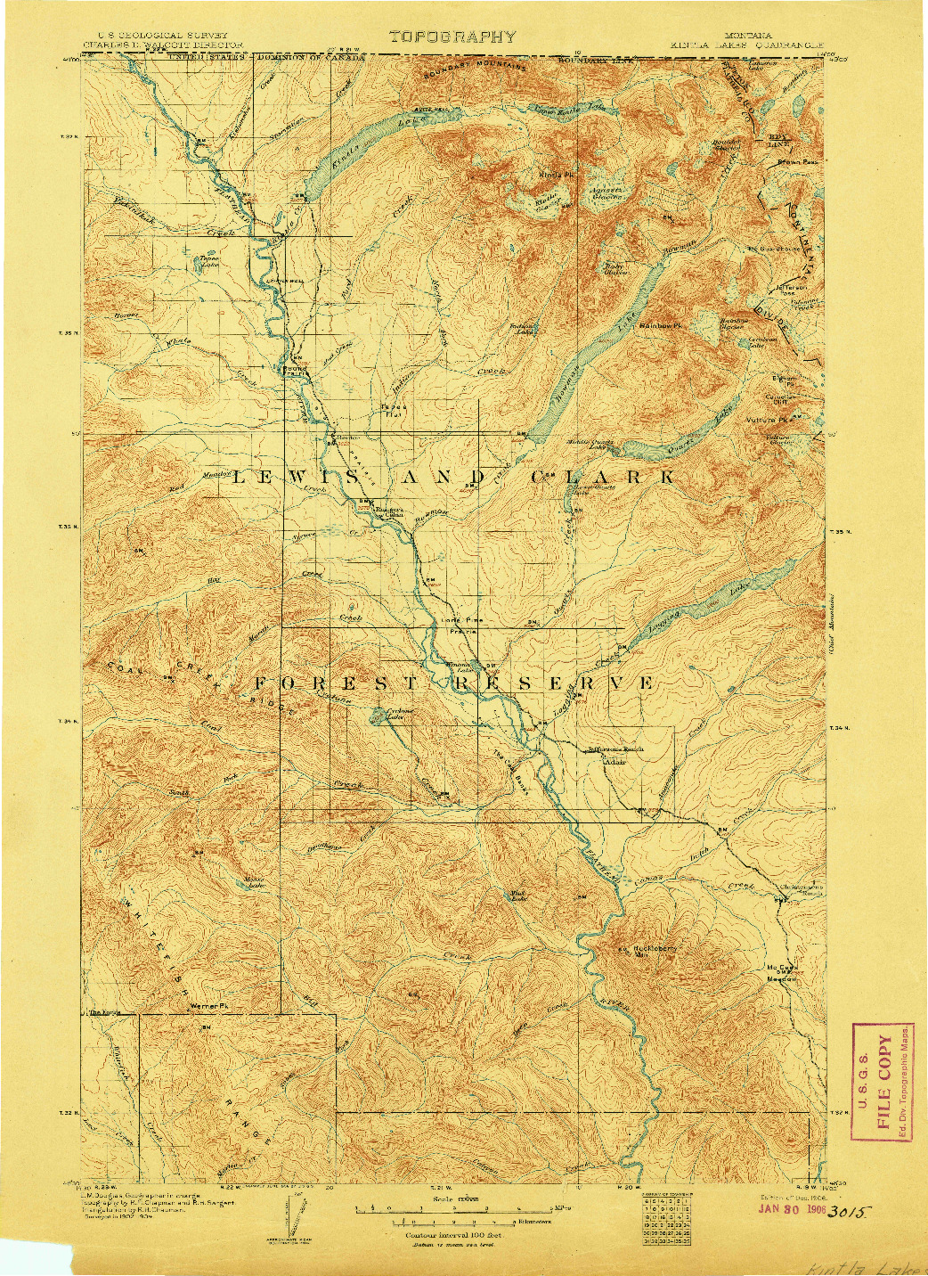 USGS 1:125000-SCALE QUADRANGLE FOR KINTLA LAKES, MT 1906