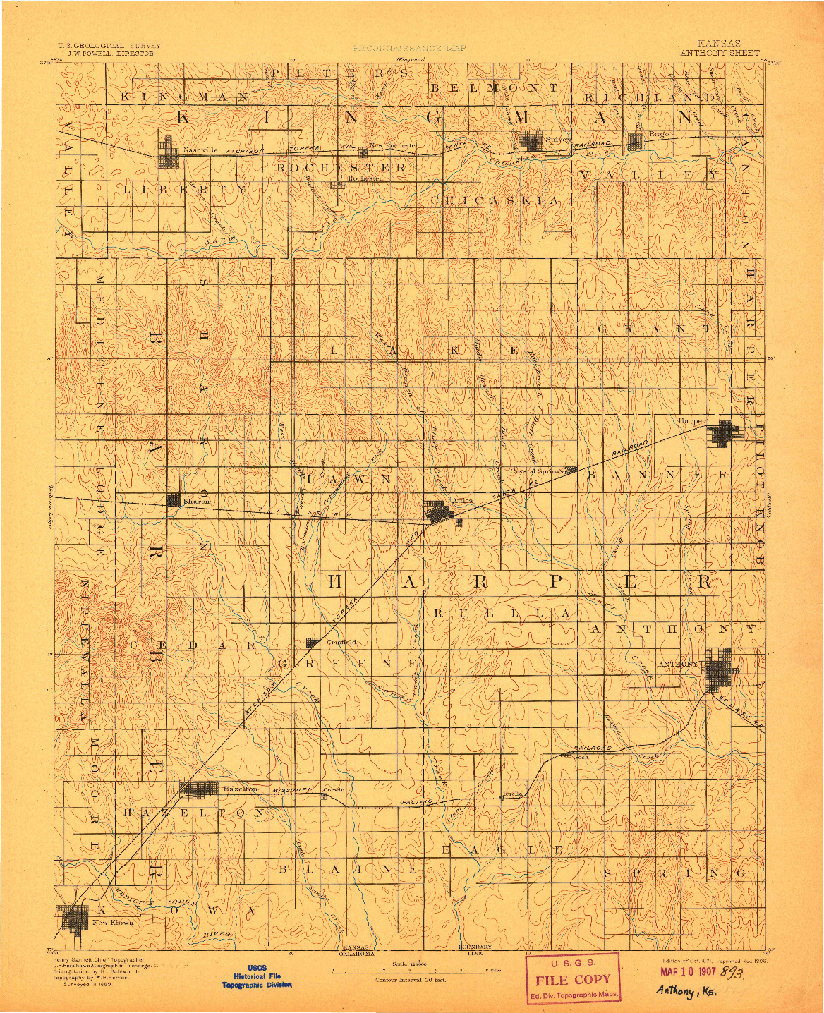 USGS 1:125000-SCALE QUADRANGLE FOR ANTHONY, KS 1891