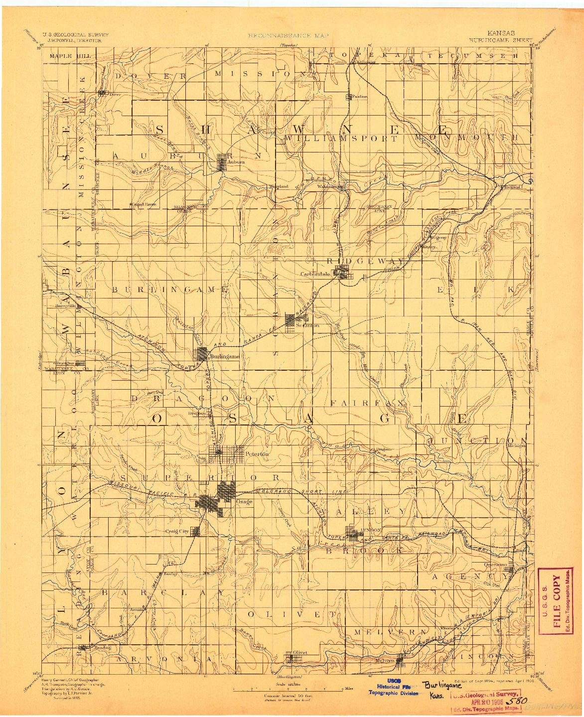 USGS 1:125000-SCALE QUADRANGLE FOR BURLINGAME, KS 1894