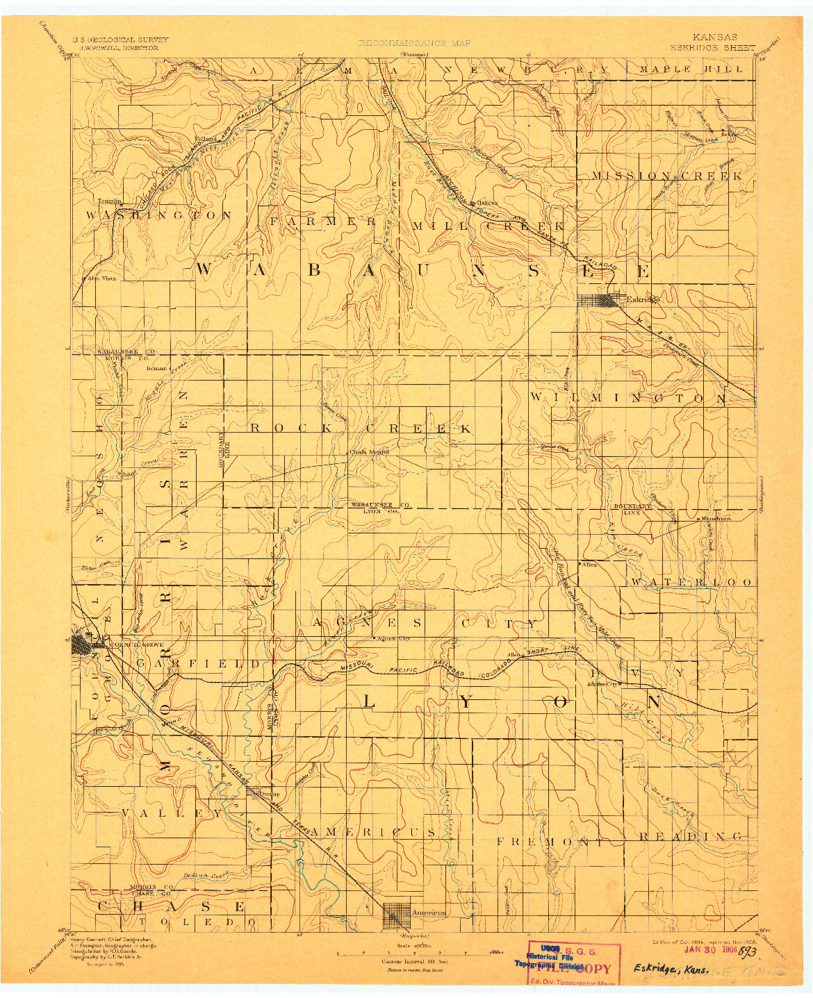 USGS 1:125000-SCALE QUADRANGLE FOR ESKRIDGE, KS 1894