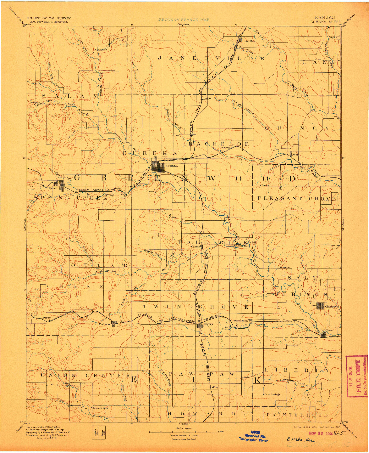 USGS 1:125000-SCALE QUADRANGLE FOR EUREKA, KS 1894