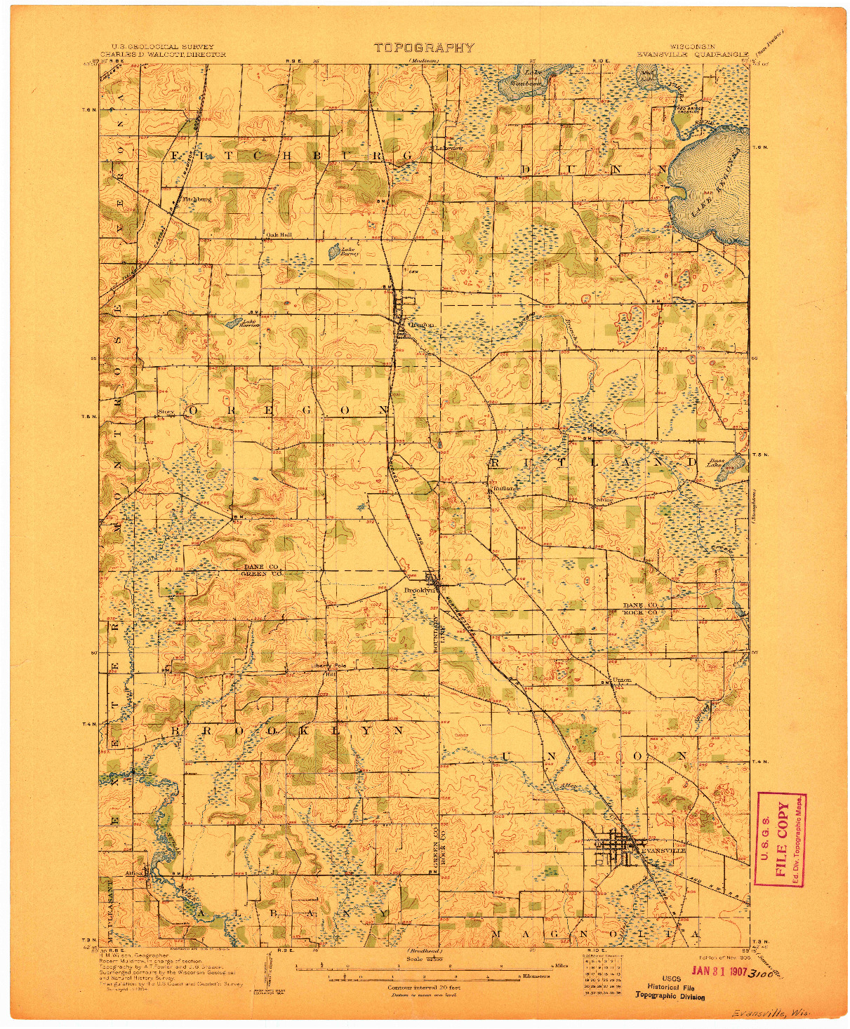 USGS 1:62500-SCALE QUADRANGLE FOR EVANSVILLE, WI 1906