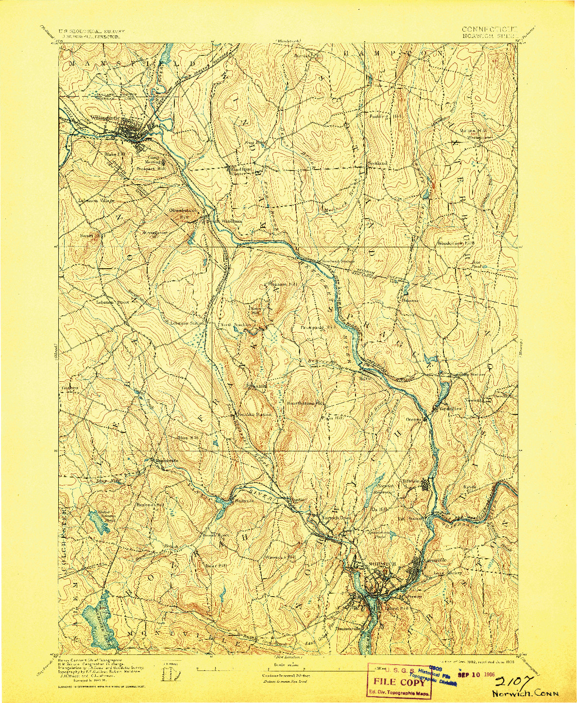 USGS 1:62500-SCALE QUADRANGLE FOR NORWICH, CT 1892