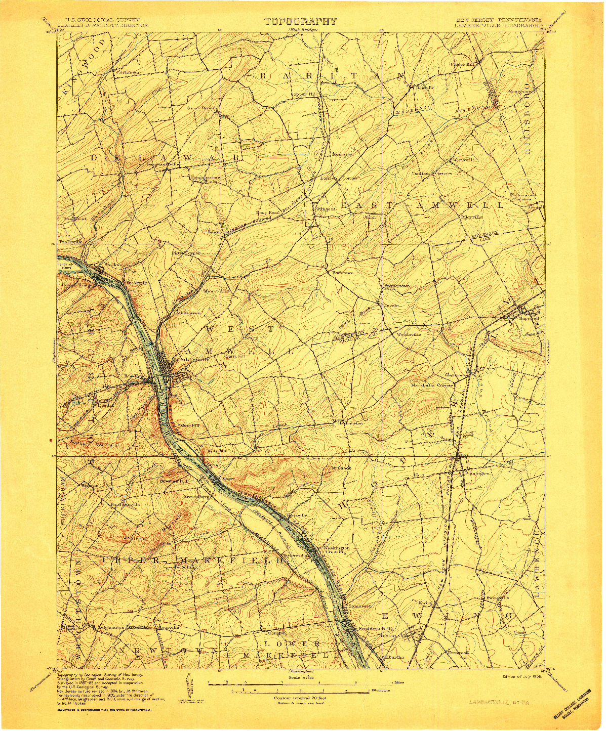 USGS 1:62500-SCALE QUADRANGLE FOR LAMBERTVILLE, NJ 1906