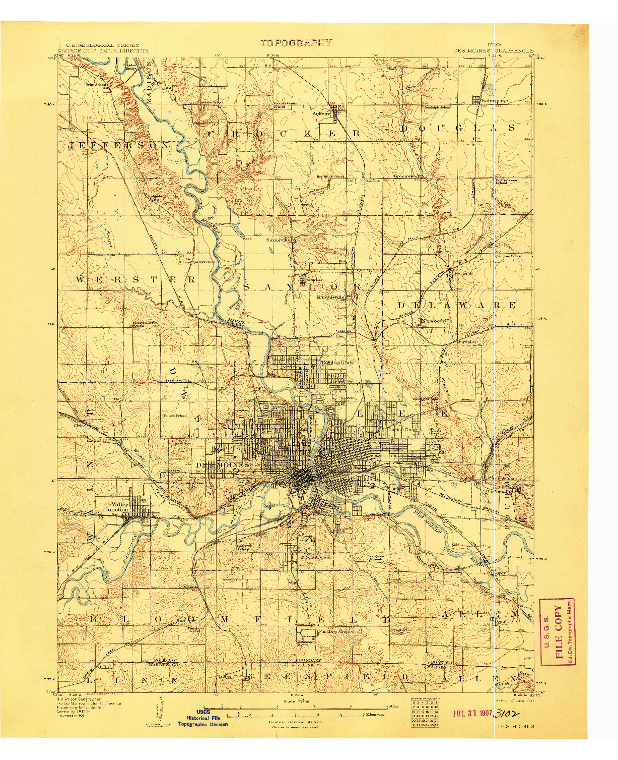 USGS 1:62500-SCALE QUADRANGLE FOR DES MOINES, IA 1907
