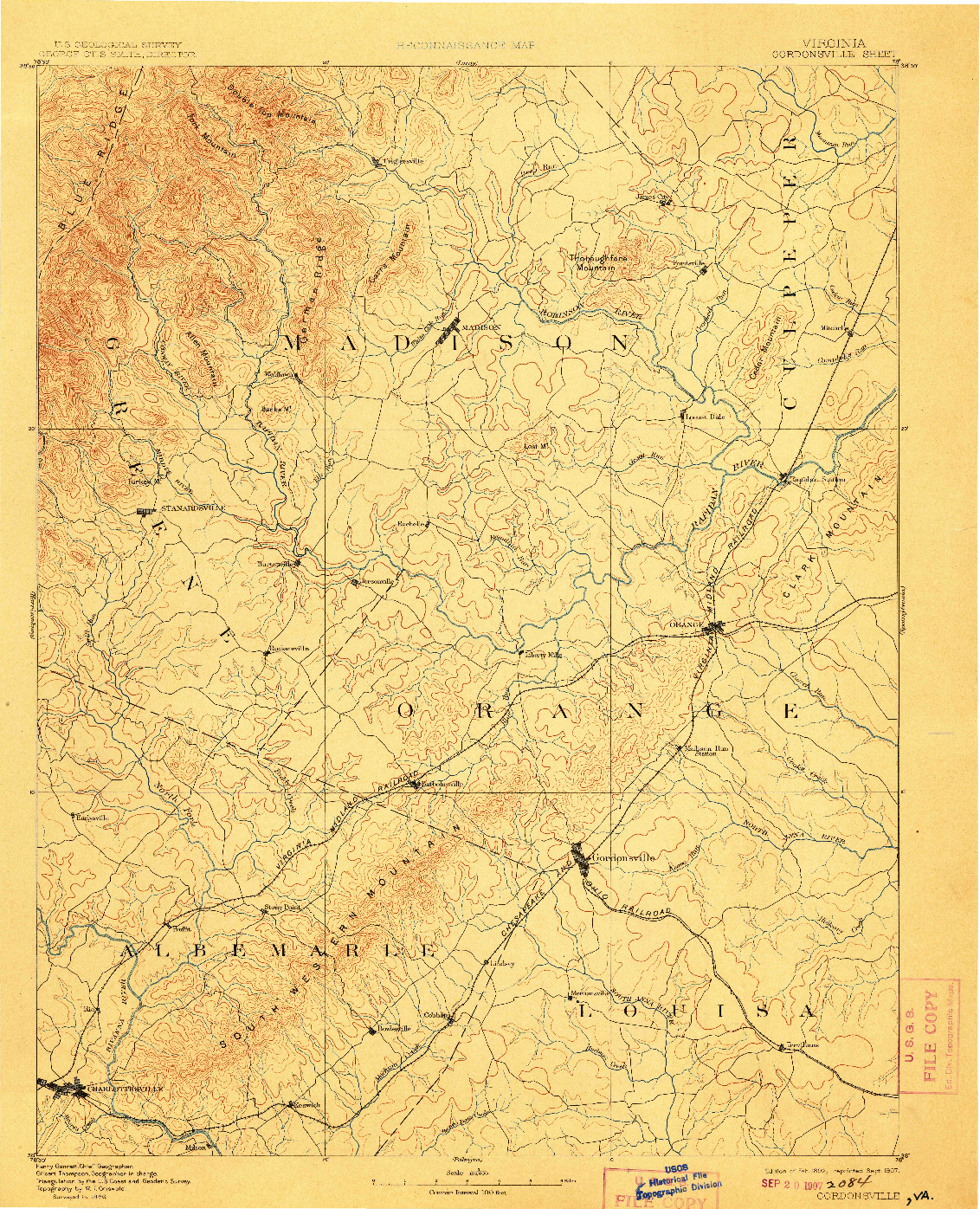 USGS 1:125000-SCALE QUADRANGLE FOR GORDONSVILLE, VA 1892